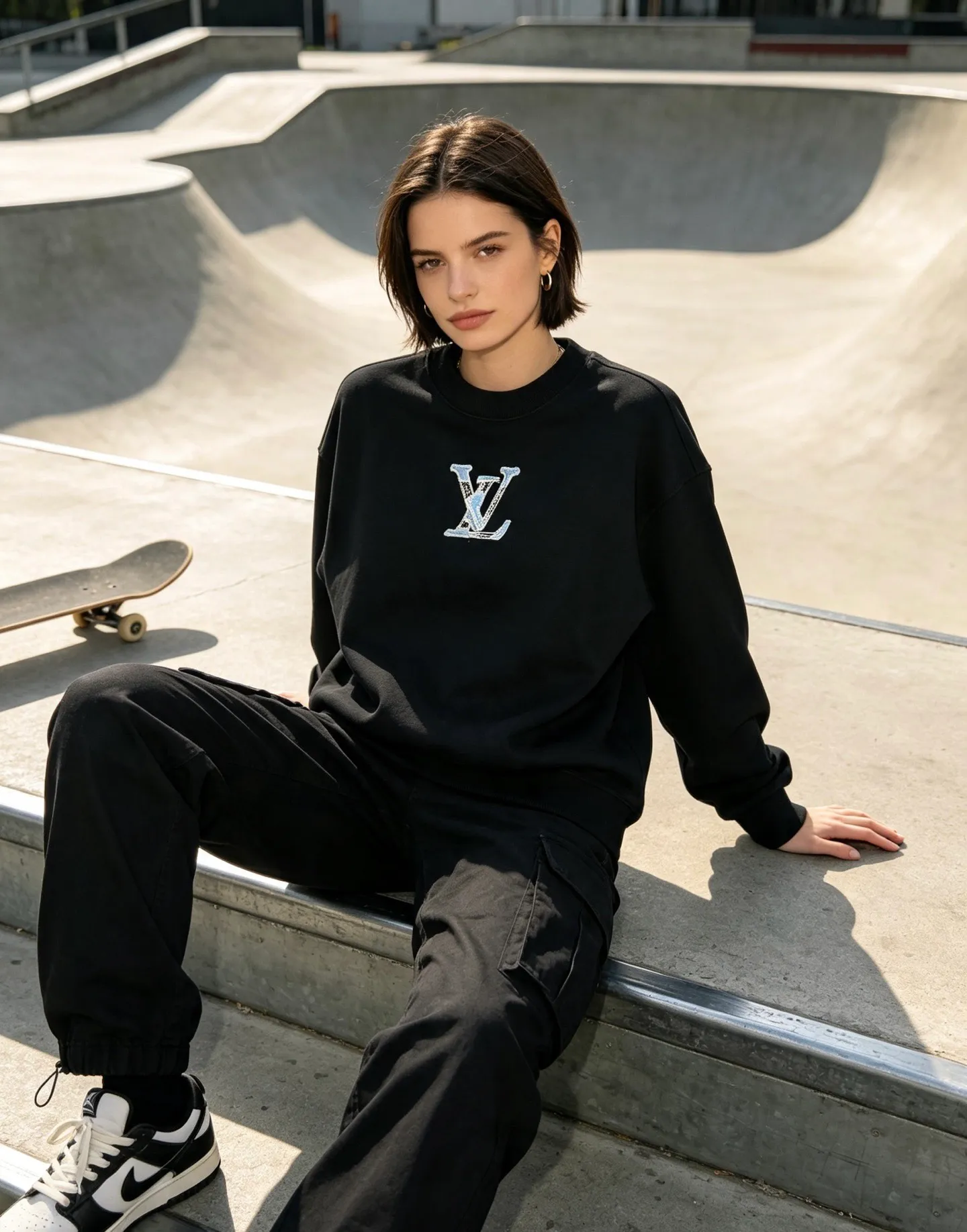 Louis Vuitton/Louis Vuitton denim patch letter embroidered crew neck sweatshirt